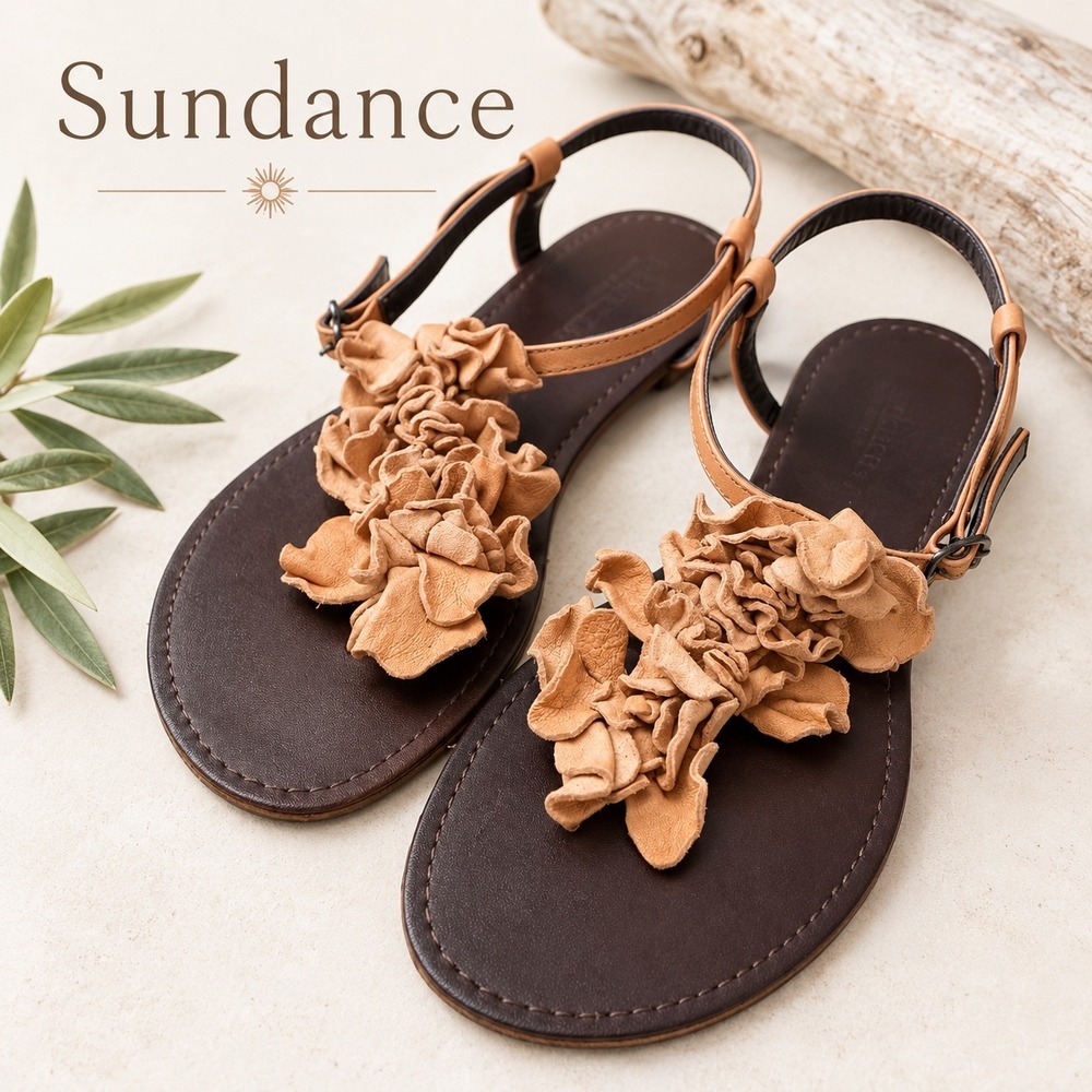 Sundance Brown Leather Ruffle Thong Sandals Made in Italy Size 40 Boho Feminine